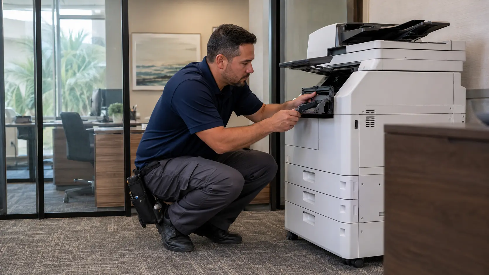 Office equipment technician servicing a commercial copier